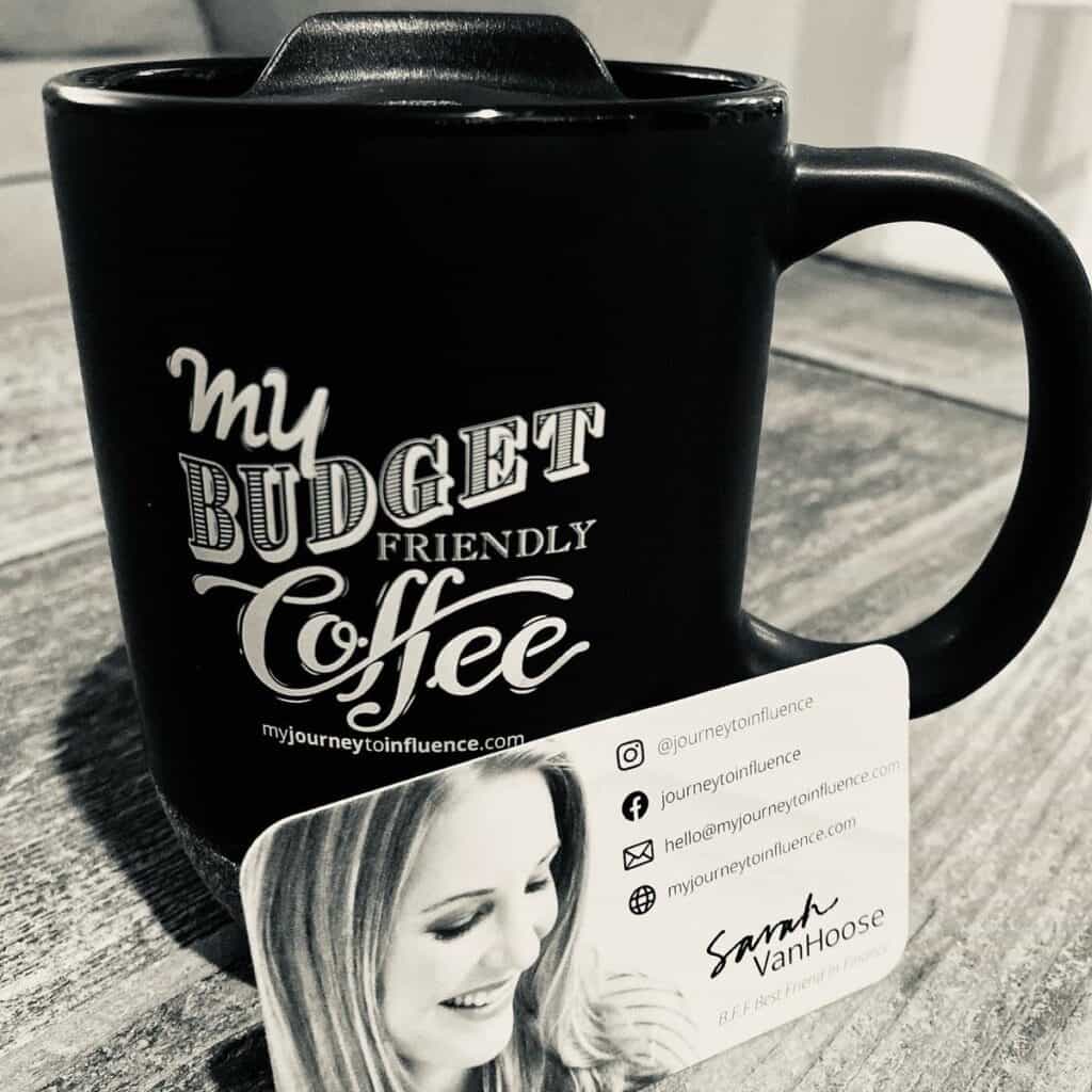 coffee mug with business card-- budget friend coffee mug